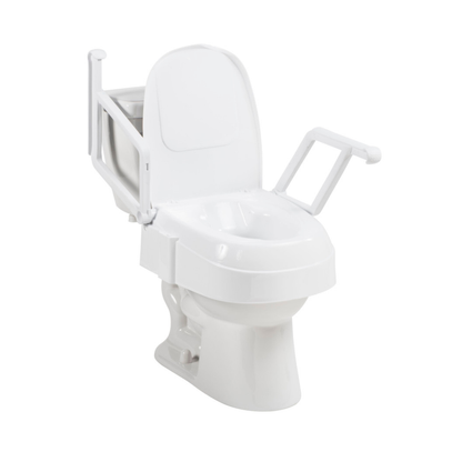 The Drive PreserveTech™ Universal Raised Toilet Seat with Arms is a white elevated seat featuring removable armrests, designed to support individuals with limited mobility and enhance accessibility.