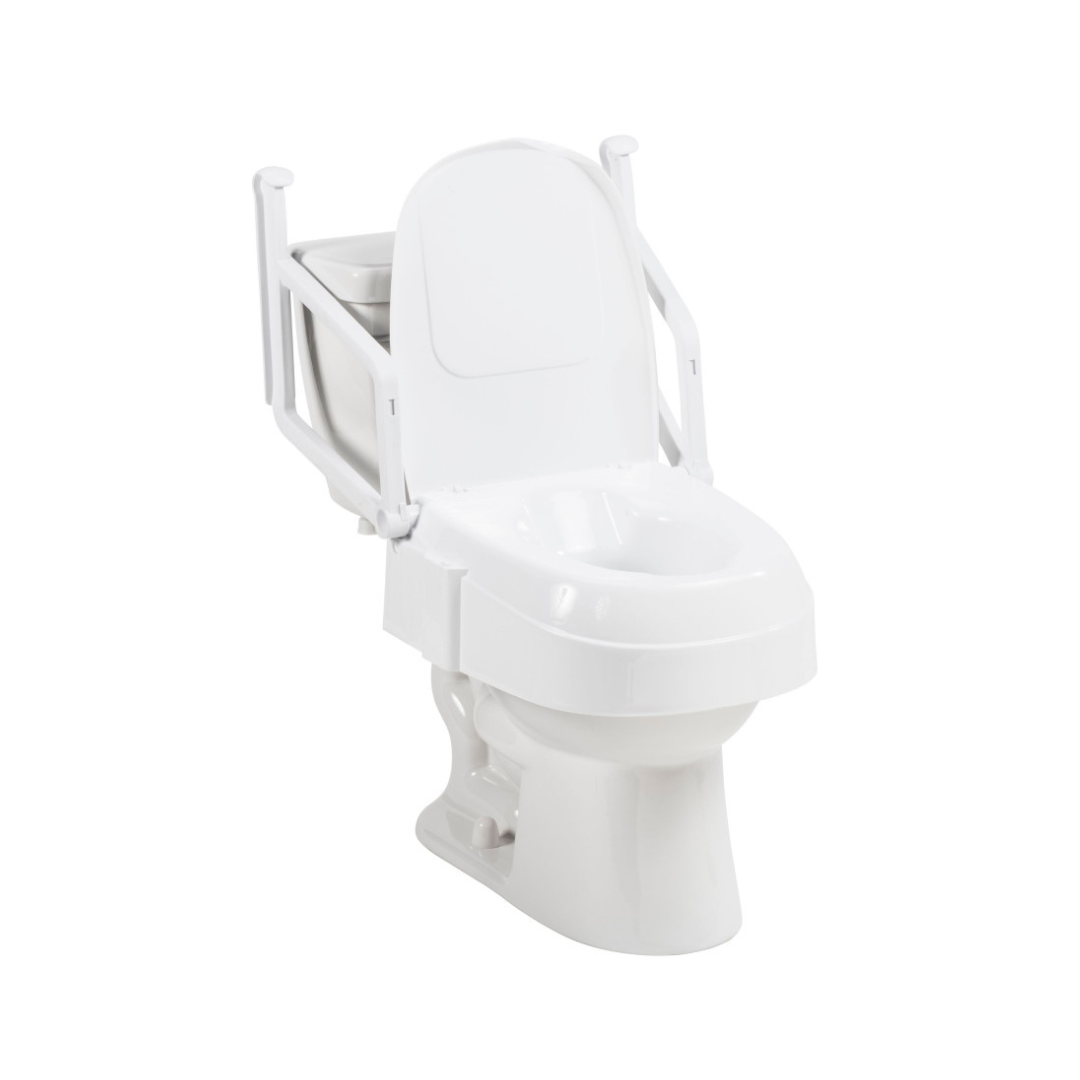 The Drive PreserveTech™ Universal Raised Toilet Seat with Arms is a white toilet seat with foldable armrests, designed for enhanced support and accessibility. Ideal for those with mobility challenges, it ensures comfort and ease of use.