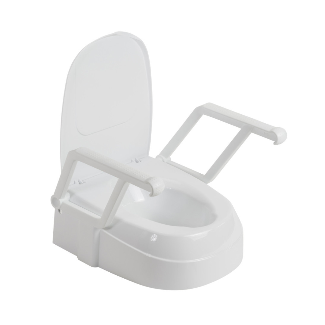 The Drive PreserveTech™ Universal Raised Toilet Seat with Arms is a white, elevated seat featuring removable armrests and an open lid, designed to offer added support and accessibility for those with mobility challenges.