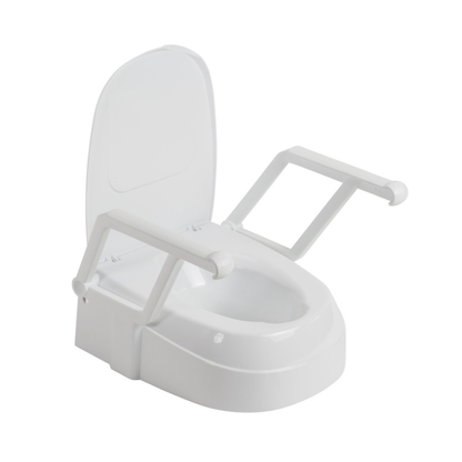 The Drive PreserveTech™ Universal Raised Toilet Seat with Arms is a white, elevated seat featuring removable armrests and an open lid, designed to offer added support and accessibility for those with mobility challenges.