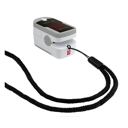 The Prestige Medical Deluxe Fingertip Pulse Oximeter is a compact device with a black lanyard and a screen displaying red numbers, designed to accurately measure blood oxygen saturation and pulse rate.