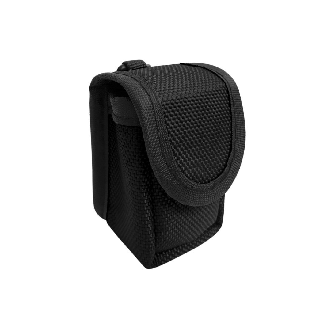 A black textured nylon pouch with flap closure, designed to carry small items like the Prestige Medical Deluxe Fingertip Pulse Oximeter, stands upright against a white background.