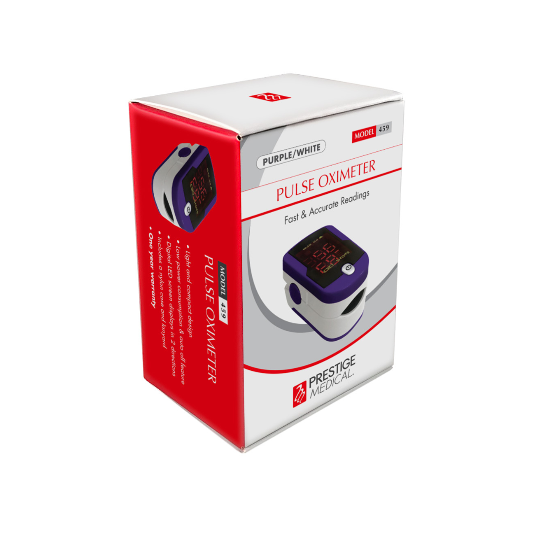 A box of Prestige Medical Deluxe Fingertip Pulse Oximeter in purple and white. The packaging features the Blood Oxygen Monitor and highlights Fast & Accurate Readings.