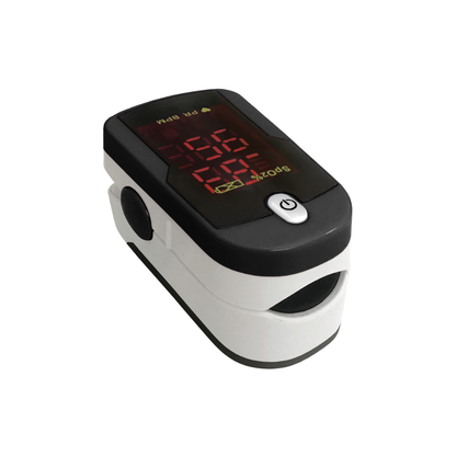 The Prestige Medical Deluxe Fingertip Pulse Oximeter features a black and white body with red LED display, measuring blood oxygen levels and pulse rate for reliable health monitoring.