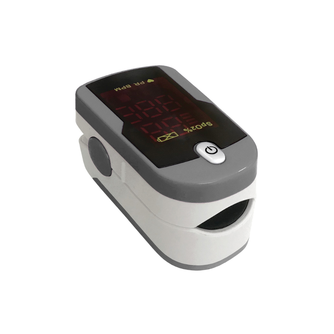The Prestige Medical Deluxe Fingertip Pulse Oximeter is a gray and white device with a digital display that measures blood oxygen saturation and pulse rate, shown isolated on a white background.