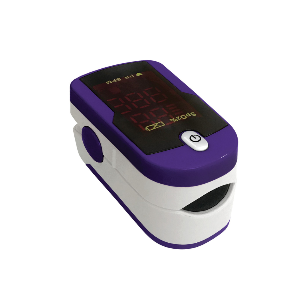 The Prestige Medical Deluxe Fingertip Pulse Oximeter is a purple and white device with a digital display that measures blood oxygen levels and pulse rate for effective health monitoring.