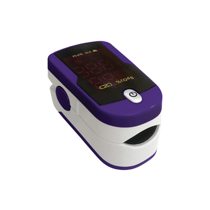 The Prestige Medical Deluxe Fingertip Pulse Oximeter is a purple and white device with a digital display that measures blood oxygen levels and pulse rate for effective health monitoring.