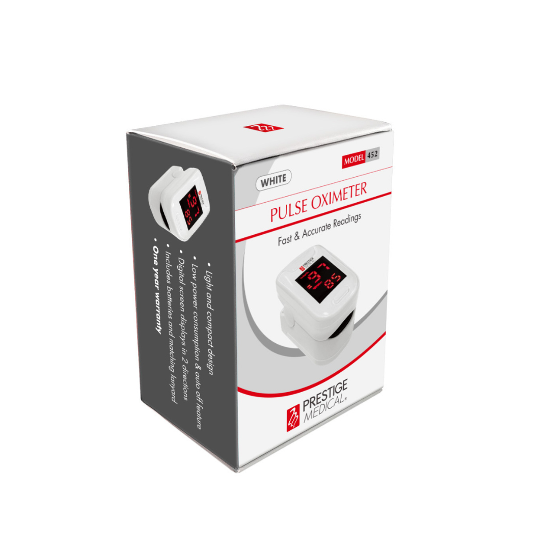 The Prestige Fingertip Pulse Oximeter, model 452 in white, displays fast, accurate SpO2 readings on a digital screen and features a light, compact design for reliable health monitoring.