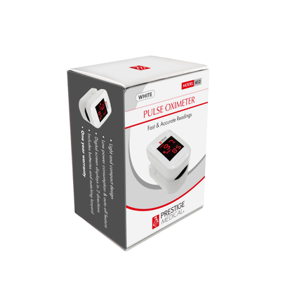 The Prestige Fingertip Pulse Oximeter, model 452 in white, displays fast, accurate SpO2 readings on a digital screen and features a light, compact design for reliable health monitoring.