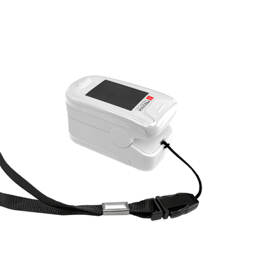 The Prestige Fingertip Pulse Oximeter, featuring a black display screen, white body, and detachable side lanyard for convenient health monitoring, is displayed against a plain white background.