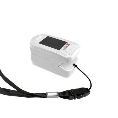 The Prestige Fingertip Pulse Oximeter, featuring a black display screen, white body, and detachable side lanyard for convenient health monitoring, is displayed against a plain white background.