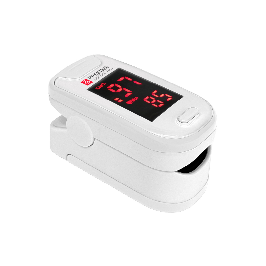 The Prestige Fingertip Pulse Oximeter is a white device with a digital display that shows oxygen saturation and pulse rate in red numbers, ideal for convenient health monitoring.