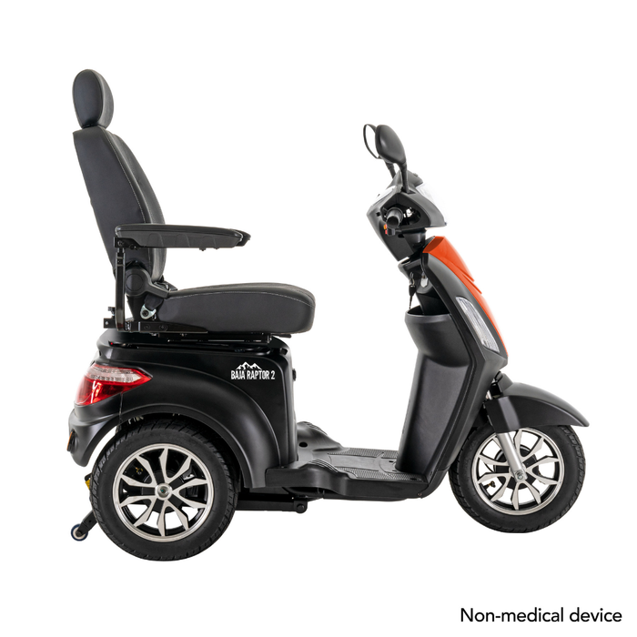 Side view of a black Pride Baja® Raptor® 2 Bariatric 3-Wheel Scooter featuring a high back seat, armrests, full suspension, and three wheels. “Non-medical device” is displayed in the bottom right corner.