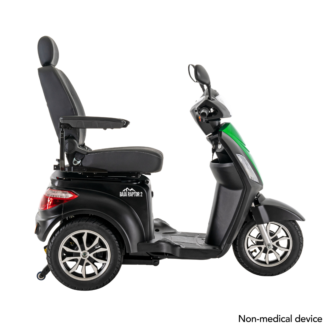 A black and green Pride Baja® Raptor® 2 Bariatric 3-Wheel Scooter with full suspension, high-backed seat, armrests, and handlebars is shown from the side. Text in the corner reads: Non-medical device.