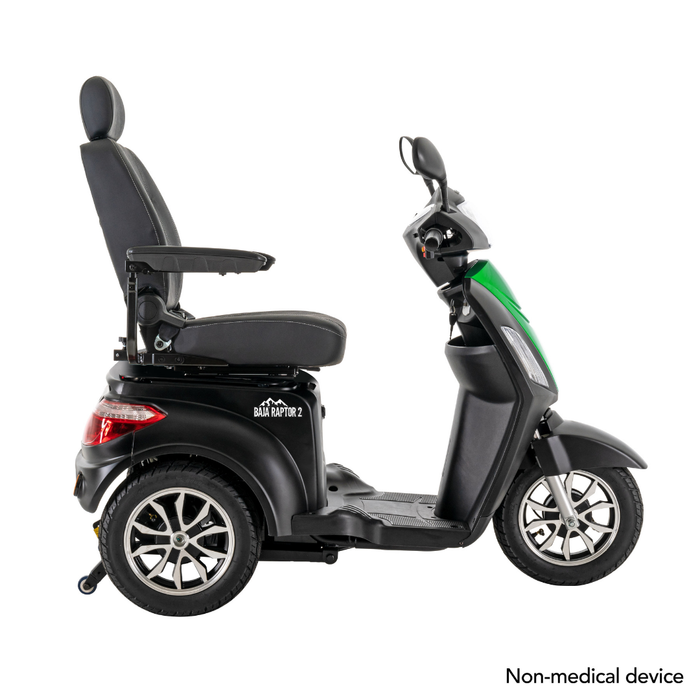 A black and green Pride Baja® Raptor® 2 Bariatric 3-Wheel Scooter with full suspension, high-backed seat, armrests, and handlebars is shown from the side. Text in the corner reads: Non-medical device.