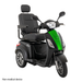 The Pride Baja® Raptor® 2 Bariatric 3-Wheel Scooter features a padded seat, backrest, and armrests in a green and black design for outdoor mobility. Text in the corner: Non-medical device.