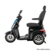 A Pride Baja® Raptor® 2 Bariatric 3-Wheel Scooter with a black and blue body, high backrest, foot platform, and full suspension is shown in profile on a white background. Non-medical device text appears in the corner.