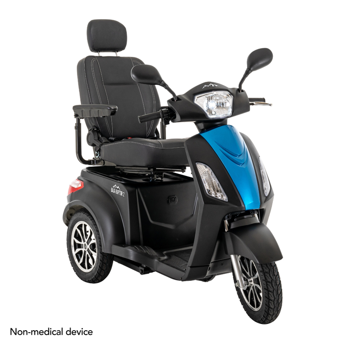 The Pride Baja® Raptor® 2 Bariatric 3-Wheel Scooter has a padded seat, armrests, and headrest, blue and black design, LED lighting, and supports enhanced outdoor mobility. “Non-medical device” appears in the corner.
