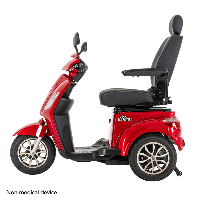 A Pride Baja® Raptor® 2 Bariatric 3-Wheel Scooter in red with a high back seat, armrests, and footrest is shown in profile. Perfect for outdoor mobility. Text in the corner reads: Non-medical device.