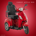 The Pride Baja® Raptor® 2 Bariatric 3-Wheel Scooter in vibrant Candy Apple Red features a high-back seat, armrests, and bright LED lighting for style and safety. Displayed on a red gradient background with CANDY APPLE RED text in the top right.
