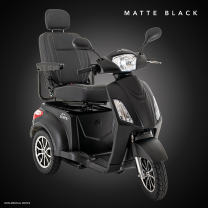 A Pride Baja® Raptor® 2 Bariatric 3-Wheel Scooter in matte black, featuring LED lights, padded seat and backrest, armrests, and rearview mirrors, is pictured on a dark background with MATTE BLACK at the top right.