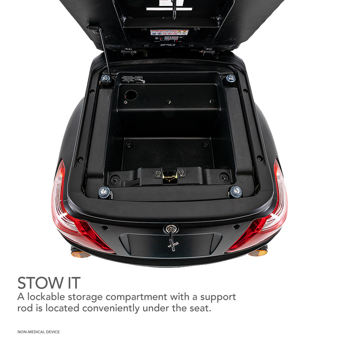 A lockable storage compartment with a support rod is located under the seat of the Pride Baja® Raptor® 2 Bariatric 3-Wheel Scooter, offering convenient stowage with an open lid held up securely. Text: STOW IT.