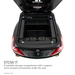 A lockable storage compartment with a support rod is located under the seat of the Pride Baja® Raptor® 2 Bariatric 3-Wheel Scooter, offering convenient stowage with an open lid held up securely. Text: STOW IT.