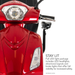 A close-up of the red Pride Baja® Raptor® 2 Bariatric 3-Wheel Scooter with full LED headlights, signals, and brake lights for better outdoor safety. Text: STAY LIT. Enhanced mobility with complete LED light package.