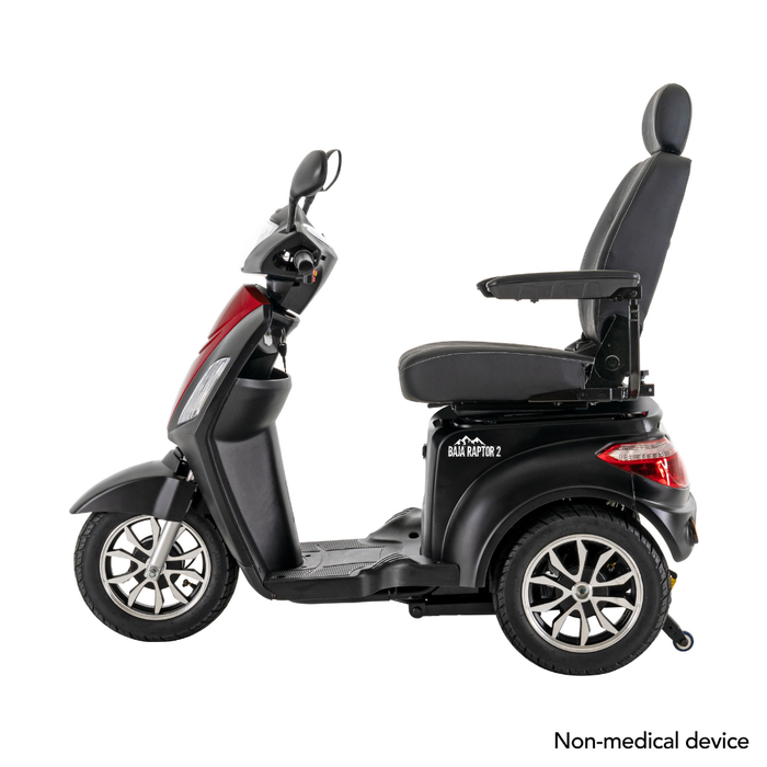 A side view shows the black Pride Baja® Raptor® 2 Bariatric 3-Wheel Scooter with a high backrest, armrests, and large outdoor wheels. “Non-medical device” is displayed in the lower right corner.