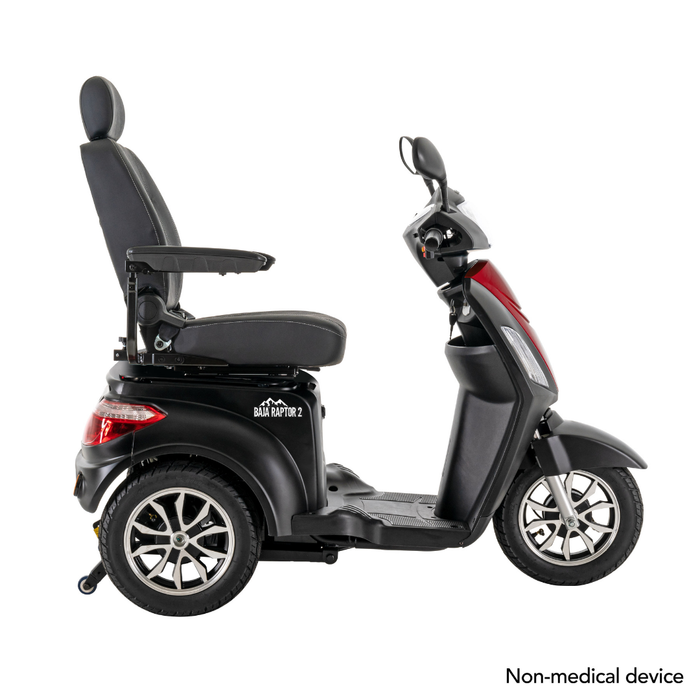 A side view shows the Pride Baja® Raptor® 2 Bariatric 3-Wheel Scooter in black and red, featuring full suspension, a high back seat, armrests, and footrest. Text in the corner states: Non-medical device.