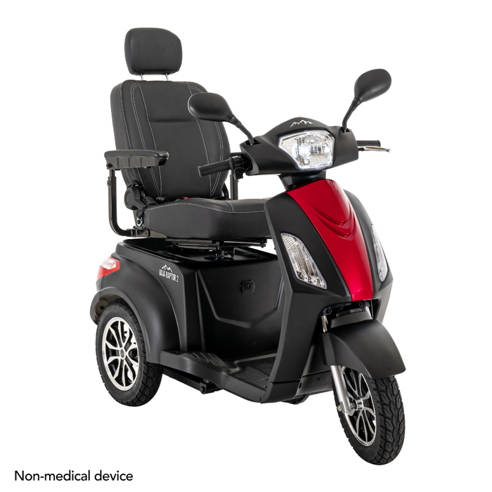 The Pride Baja® Raptor® 2 Bariatric 3-Wheel Scooter features a black seat with armrests and headrest, LED lighting, and a red/black body. Non-medical device text is displayed in the bottom left corner.