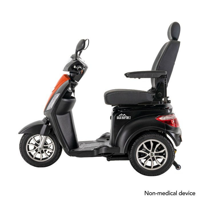 A black and orange Pride Baja® Raptor® 2 Bariatric 3-Wheel Scooter with full suspension, high back seat, and armrests is shown from the side on a white background. The phrase Non-medical device appears in the bottom right corner.