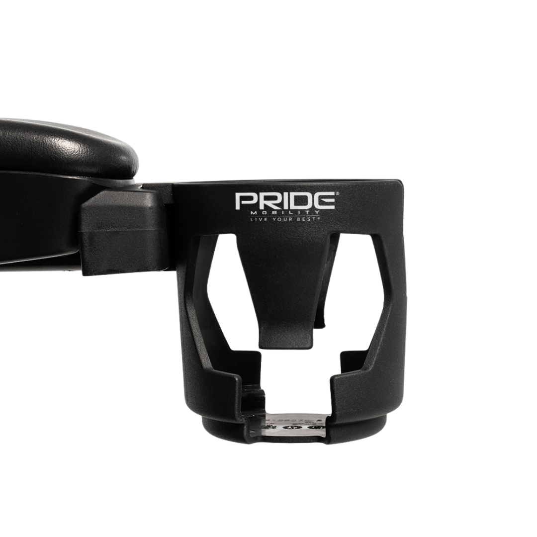 Black cup holder attached to the armrest of a Pride Go Go® Ultra X Gen 3 Portable Mobility Scooter, featuring PRIDE Mobility branding and the slogan “LIVE YOUR BEST” printed in white above the holder opening. Perfect accessory for your Pride Go Go® Ultra X Gen 3.