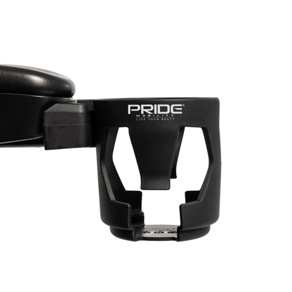 Black cup holder attached to the armrest of a Pride Go Go® Ultra X Gen 3 Portable Mobility Scooter, featuring PRIDE Mobility branding and the slogan “LIVE YOUR BEST” printed in white above the holder opening. Perfect accessory for your Pride Go Go® Ultra X Gen 3.