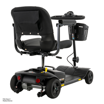 A black Pride Go Go® Ultra X Gen 3 Portable Mobility Scooter is shown from the rear left angle, displaying the seat, rear wheels, handlebar, storage basket, and control panel. This scooter is lightweight and designed as a portable mobility solution for both indoor and outdoor use.