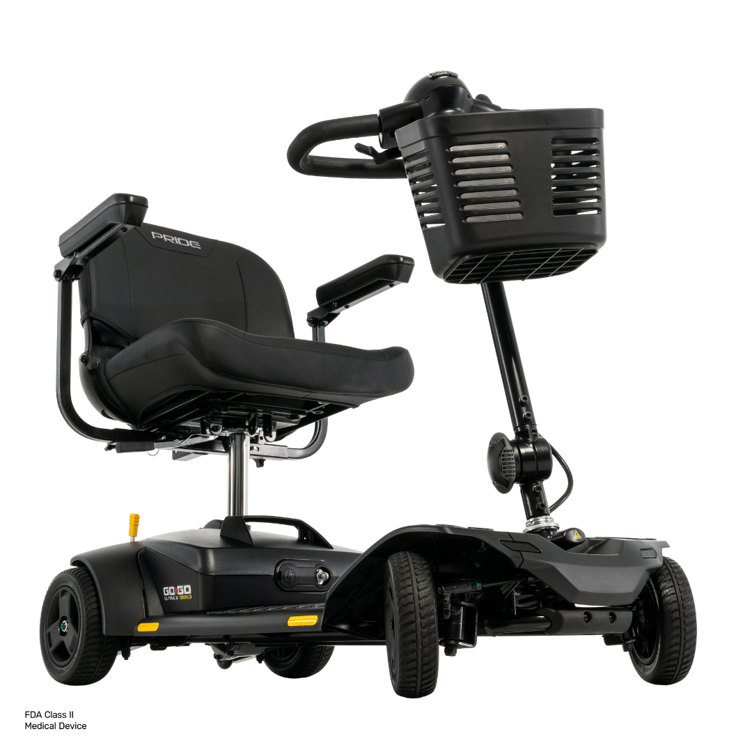 A black Pride Go Go® Ultra X Gen 3 Portable Mobility Scooter equipped with a front basket, armrests, padded seat, and three wheels—designed for personal transport and enhanced accessibility.