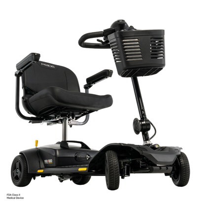 A black Pride Go Go® Ultra X Gen 3 Portable Mobility Scooter equipped with a front basket, armrests, padded seat, and three wheels—designed for personal transport and enhanced accessibility.