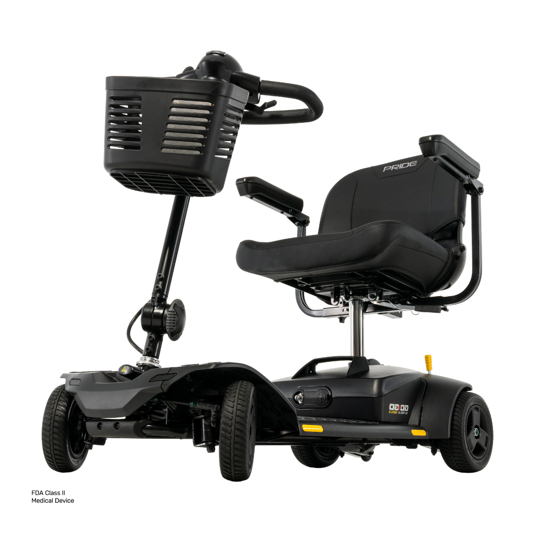 The Pride Go Go® Ultra X Gen 3 Portable Mobility Scooter in black features a front basket, adjustable seat, armrests, and three wheels, making it ideal for easy movement both indoors and outdoors.