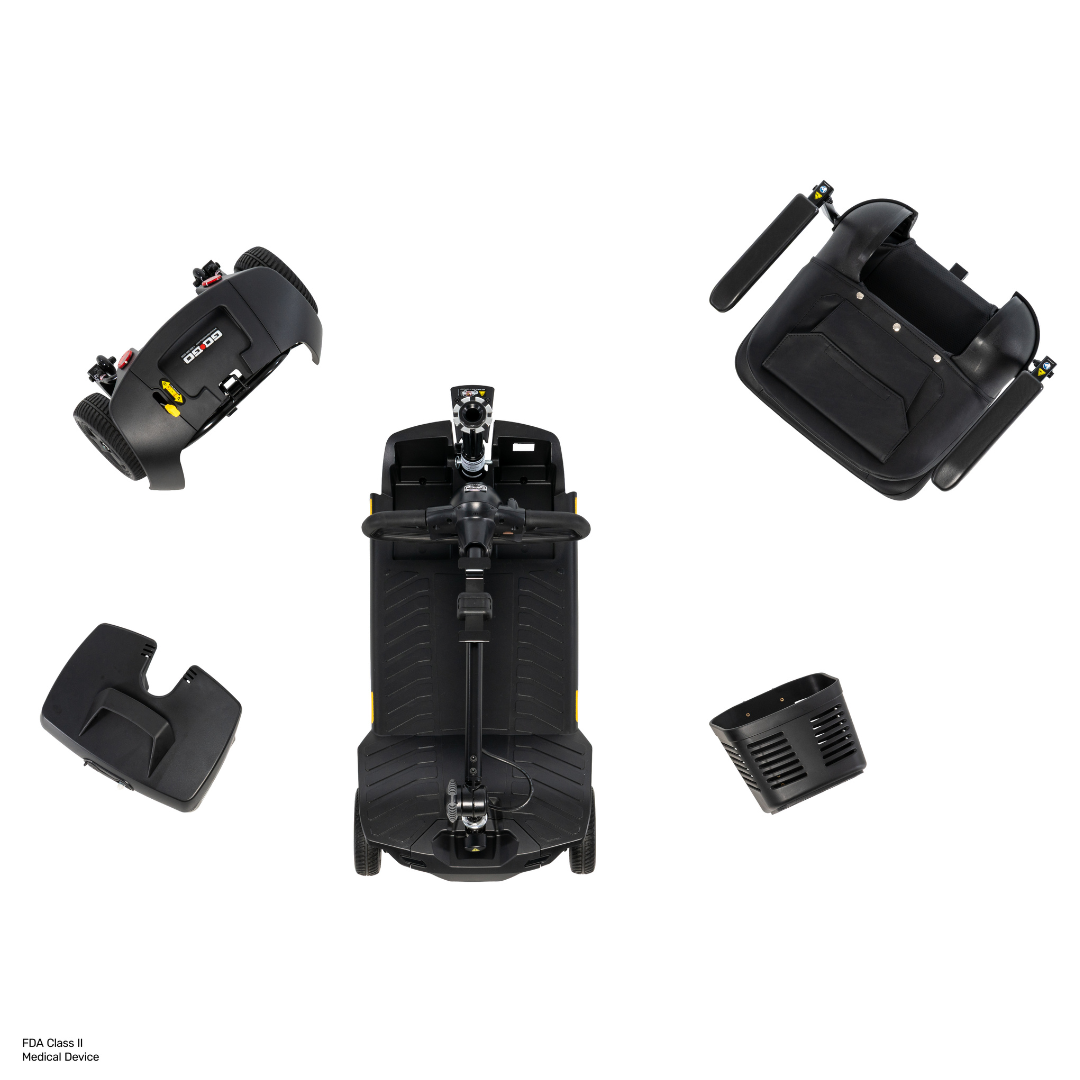 Five black components of the Pride Go Go® Ultra X Gen 3 Portable Mobility Scooter are arranged on a white background, including the base with wheels, seat, battery pack, basket, and rear wheel assembly.