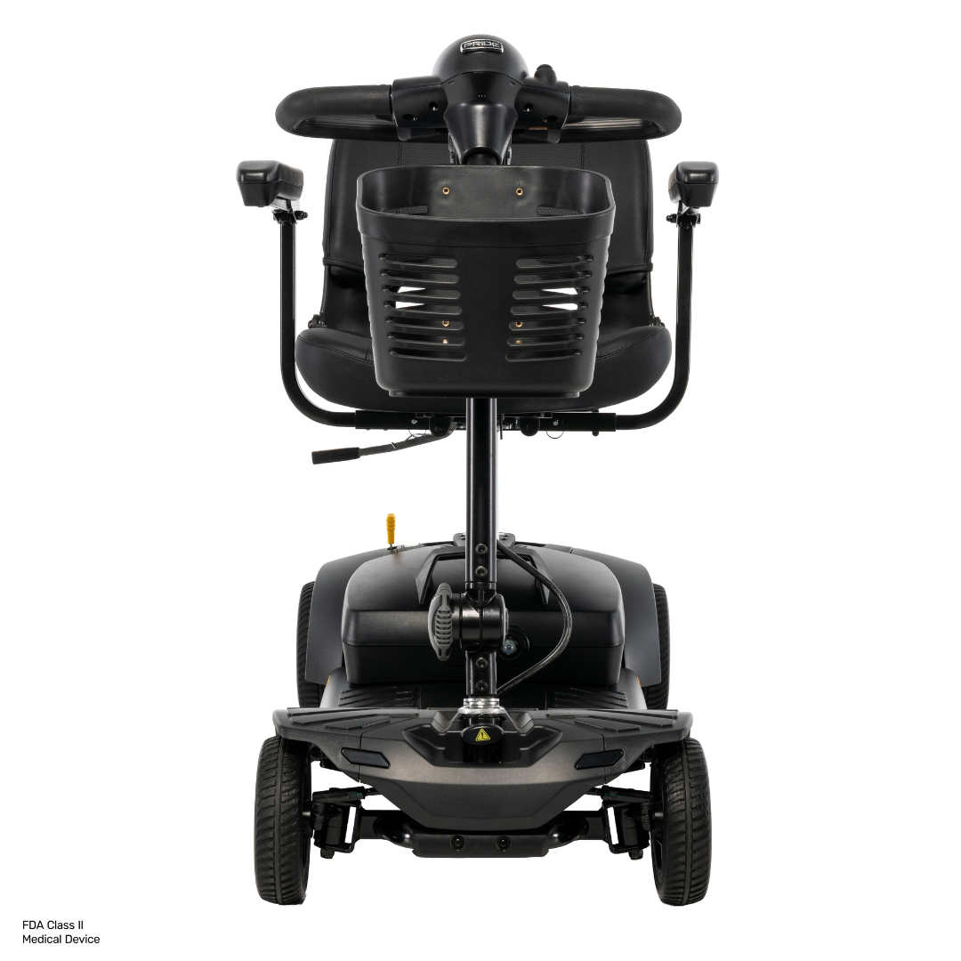 Front view of a black Pride Go Go® Ultra X Gen 3 Portable Mobility Scooter, featuring a seat, armrests, steering handles, control panel, and a front-mounted basket, isolated on a white background.