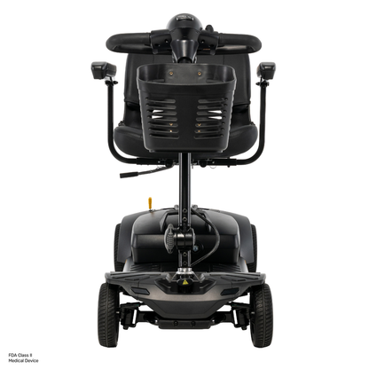 Front view of a black Pride Go Go® Ultra X Gen 3 Portable Mobility Scooter, featuring a seat, armrests, steering handles, control panel, and a front-mounted basket, isolated on a white background.
