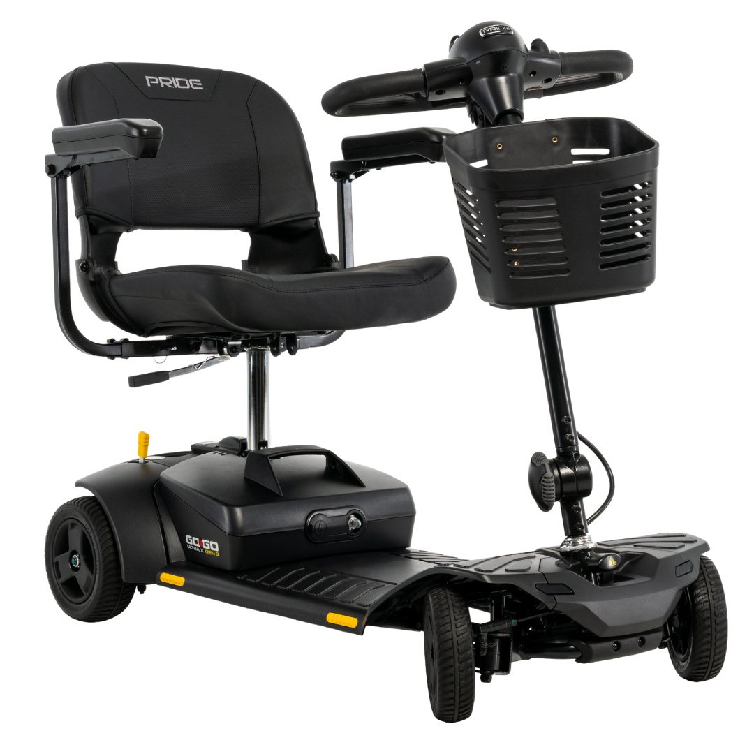 A black Pride Go Go® Ultra X Gen 3 Portable Mobility Scooter with a cushioned seat, armrests, three wheels, a front basket, and Pride branding on the backrest is shown on a white background.