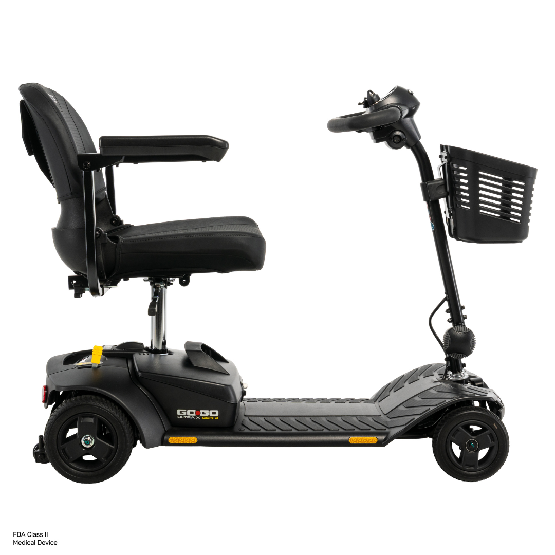 Side view of a black Pride Go Go® Ultra X Gen 3 Portable Mobility Scooter featuring three wheels, a padded seat with armrests, front basket, and handlebars. The Go Go Ultra X Gen 3 is designed as a portable mobility scooter for personal transportation and accessibility.