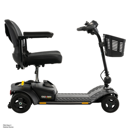 Side view of a black Pride Go Go® Ultra X Gen 3 Portable Mobility Scooter featuring three wheels, a padded seat with armrests, front basket, and handlebars. The Go Go Ultra X Gen 3 is designed as a portable mobility scooter for personal transportation and accessibility.