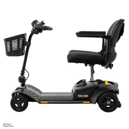 A side view of the black Pride Go Go® Ultra X Gen 3 Portable Mobility Scooter showcases its three-wheel design, seat with armrests, front basket, and control handles against a plain white background. This scooter is engineered for convenient portability and comfortable mobility.