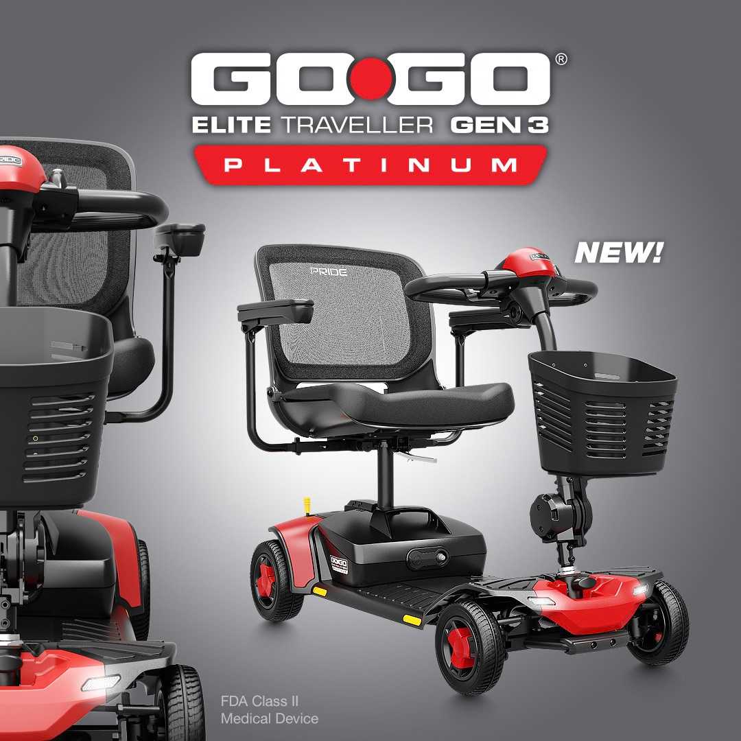 Side and front views of a red and black Pride Go Go® Elite Traveller Gen 3 Platinum portable mobility scooter, shown with video and specification links above.