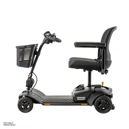 A black, four-wheeled Pride Go Go® Elite Traveller Gen 3 Platinum Portable Scooter shown from the side, featuring a swivel seat, a handlebar tiller, and a front-mounted storage basket with access to downloads and specifications.
