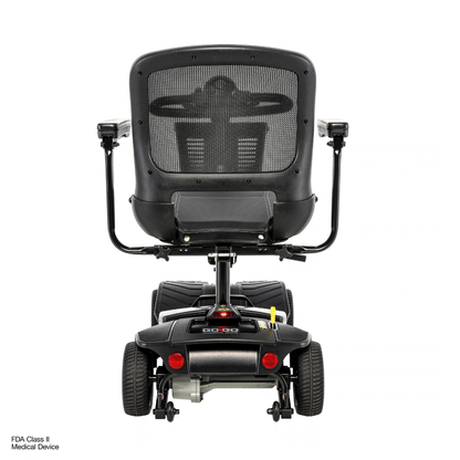 Rear view of a Pride Go Go® Elite Traveller Gen 3 Platinum Portable Scooter with a mesh backrest, adjustable armrests, four wheels, and product specifications.