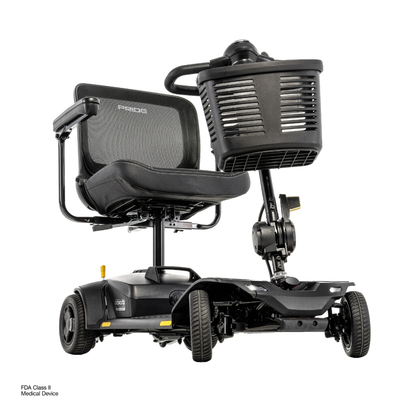 The Pride Go Go® Elite Traveller Gen 3 Platinum Portable Scooter is a four-wheeled mobility scooter featuring a mesh back seat and a front storage basket.