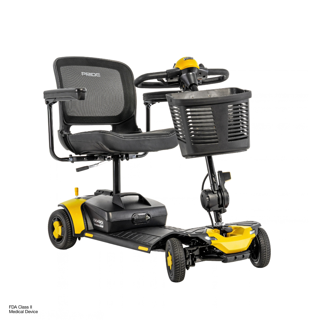 Pride Go Go® Elite Traveller Gen 3 Platinum portable mobility scooter with a yellow three-wheeled frame, black mesh seat, and front-mounted basket; see specifications and warranty for details.